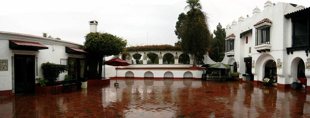 Panoramic view of shops behind the Civic Center.