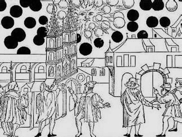 A contemporary depiction of the UFO invasion of Basel, Switzerland, in 1566.