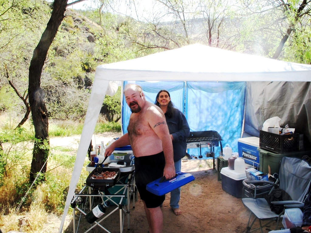 Cooking the special scrambled eggs in camp.