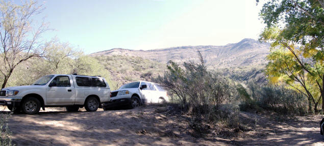 The vehicles rested while we walked.