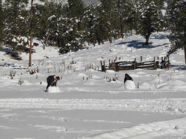 Zach and Lane rolling big snowballs for their fort.