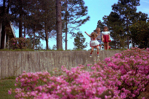 Jenny jumping off a garden wall.