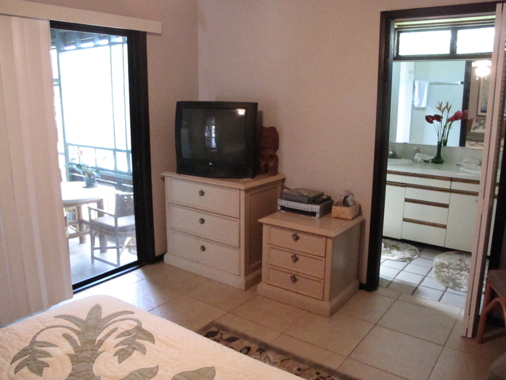 Bathroom door, TV, porch/kitchen door.